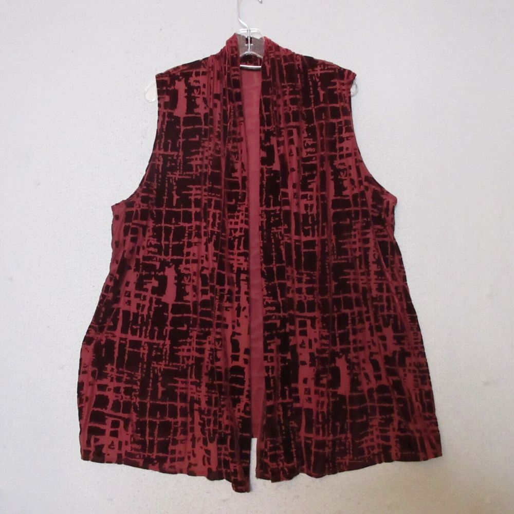 Susan‎ Graver Top Vest Large Red Geometric Burnout Artsy Relaxed Holiday